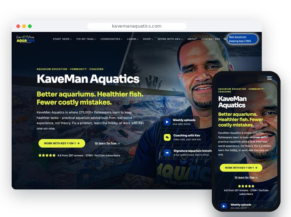 KaveMan Aquatics website on desktop and mobile