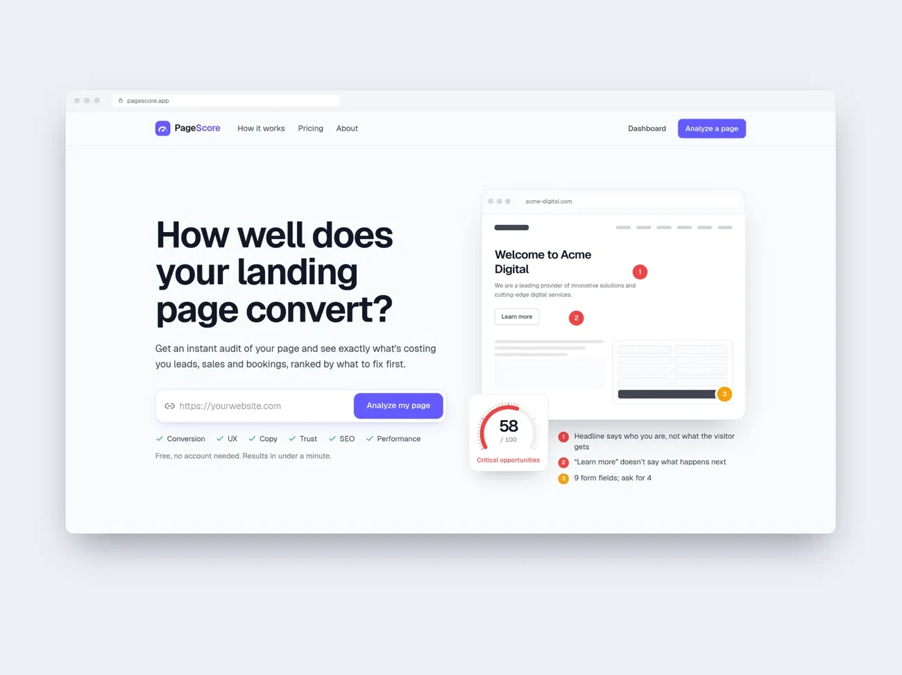PageScore homepage with a sample audit score